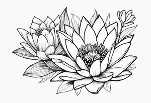 Larkspur and water lily bouquet tattoo idea