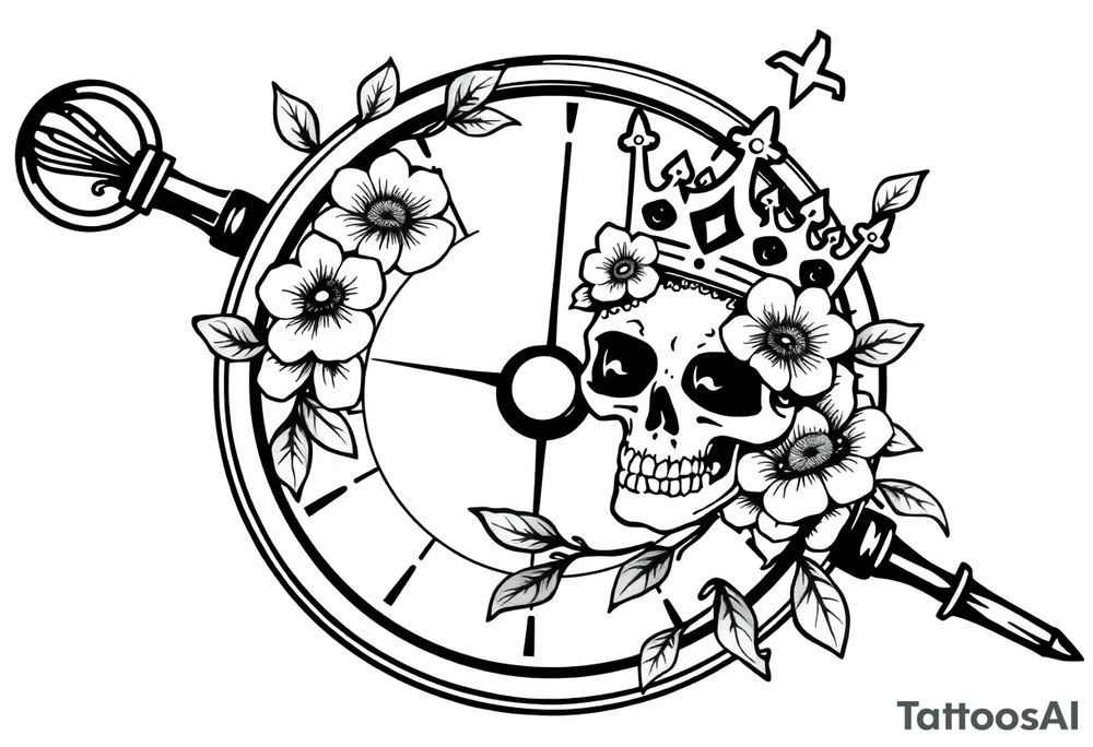 Compass with detailed beautiful gothic boho flowers on vine and skull with gorgeous crown tattoo idea