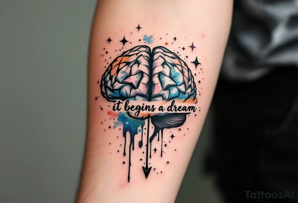 A brain in geometric and straight lines, with few watercolor details but mostly black, symbols representing intelligence, creativity and dreaming flying arround, the phrase "It begins with a dream" and an arrow crossing from above with watercolors leaking from it tattoo idea