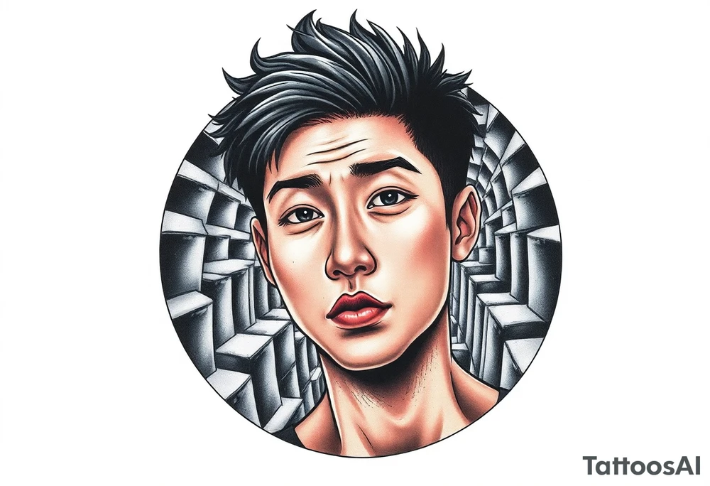 Handsome Asian young guy lost in a scary labyrinth tattoo idea