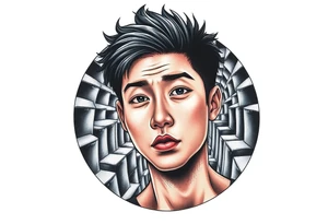Handsome Asian young guy lost in a scary labyrinth tattoo idea