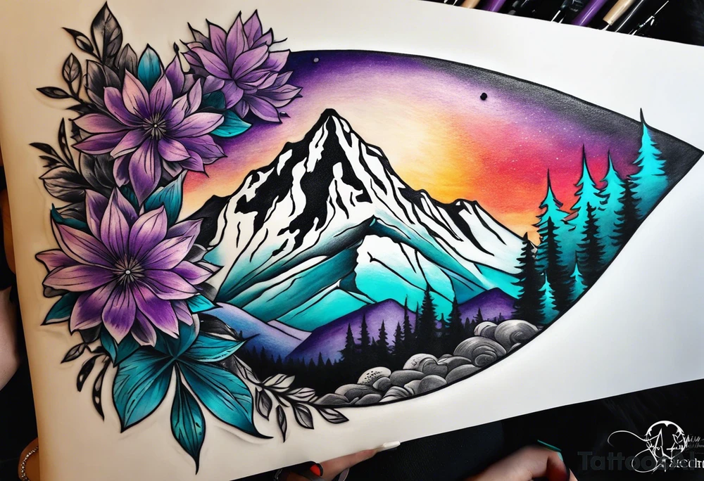 half sleeve tattoo on my shoulder. It features a mountain range, with a compass rose rising up from behind the mountain like a sunrise. In front of the mountains, there are purple and teal flowers. tattoo idea