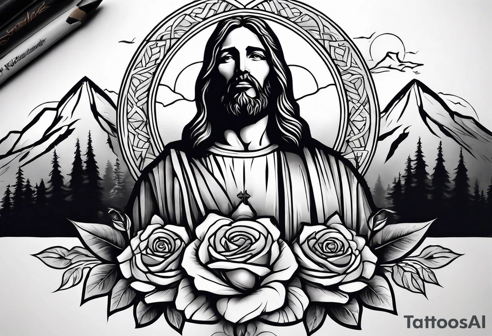 make a forearm sleeve that portraits Jesus Christ cross and mountains with roses tattoo idea