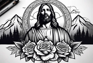 make a forearm sleeve that portraits Jesus Christ cross and mountains with roses tattoo idea