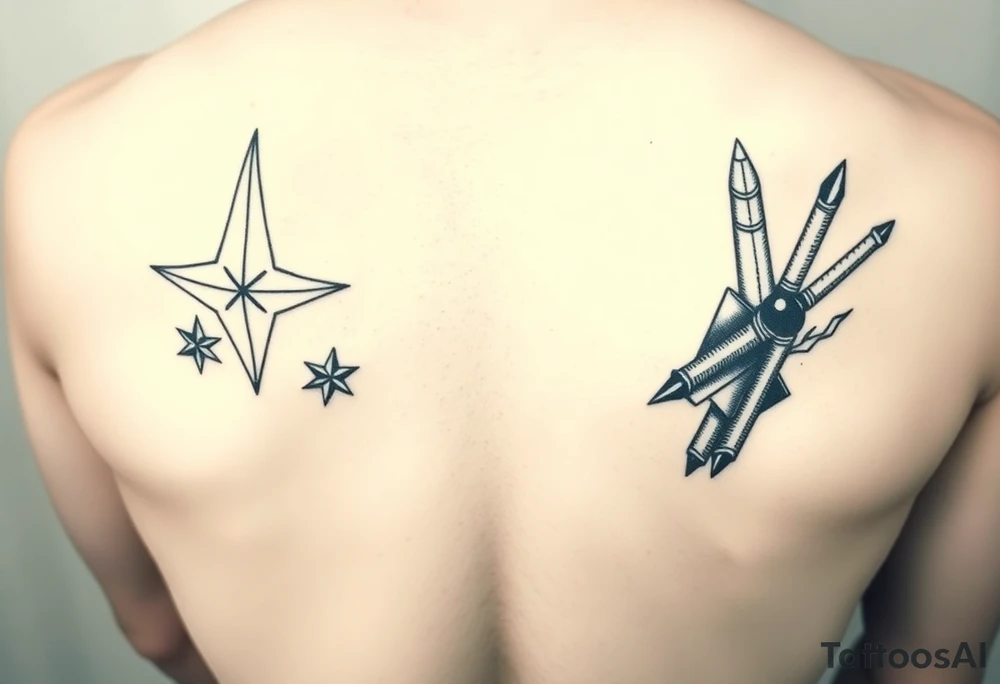 ninja stars and ballistic missiles, semicolon integrated into the design, fine line black tattoo idea