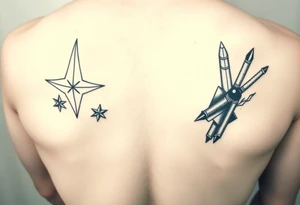 ninja stars and ballistic missiles, semicolon integrated into the design, fine line black tattoo idea