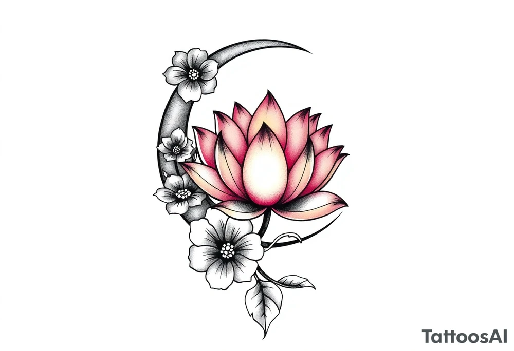 crescent floral moon with lotus flower glowing tattoo idea