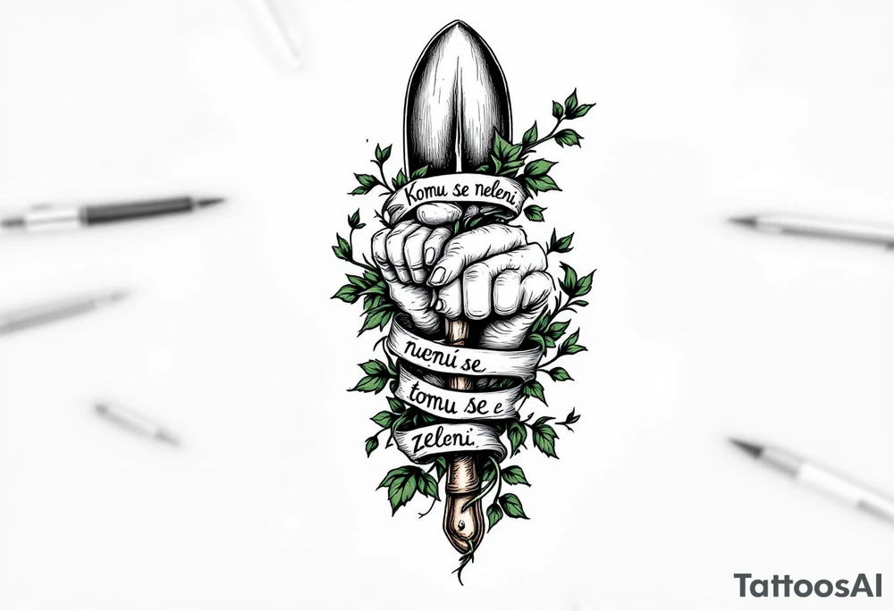 "Komu se neleni, tomu se zeleni." — Lush green vines wrapping around a pair of hard-working hands holding a trowel, with the phrase blooming along the handle. tattoo idea