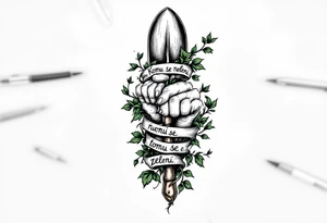 "Komu se neleni, tomu se zeleni." — Lush green vines wrapping around a pair of hard-working hands holding a trowel, with the phrase blooming along the handle. tattoo idea