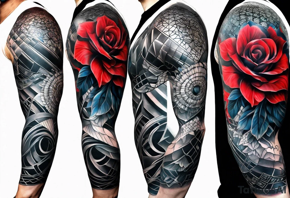 Full Arm sleeve, black, gray, silver, red, royal blue tattoo idea