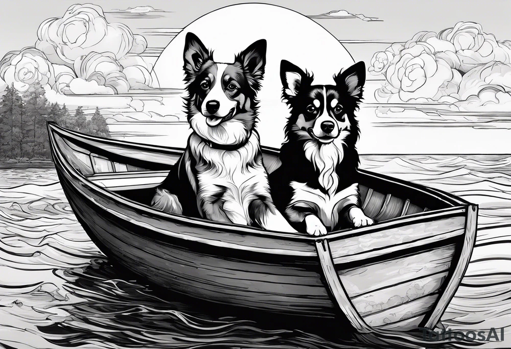 two dogs in a boat. One dog is tan with big ears like a chihuahua. The other dog is black and white and looks like an australian shepherd with floppy ears tattoo idea