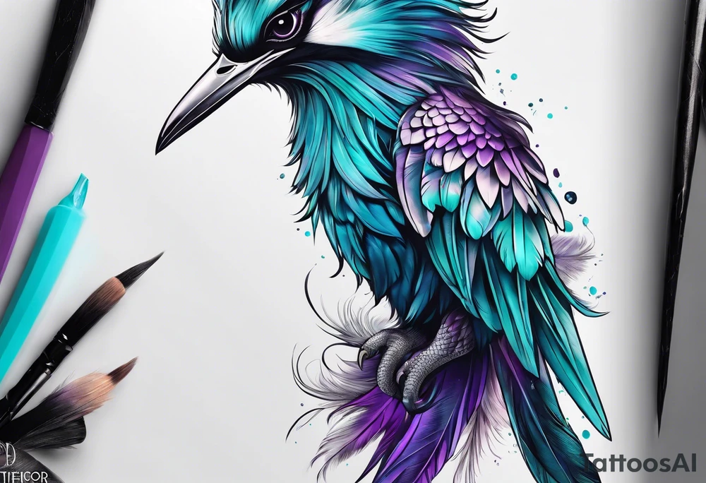 Phenoix on hip down into thigh with feathers that have teal purple and blue tattoo idea