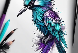 Phenoix on hip down into thigh with feathers that have teal purple and blue tattoo idea