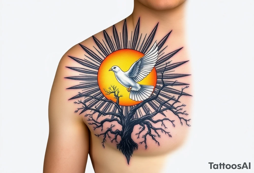 Here’s a more detailed version with an emphasis on placement:

"A hyper-realistic tattoo design placed strictly on the upper shoulder, wrapping slightly over the shoulder cap and integrating seamlessly with the natural contours of the body. The central focus of the tattoo is positioned on the uppermost portion of the shoulder, where a radiant sun is depicted, surrounded by sharp, linear sun rays that extend outward across the shoulder cap and slightly down toward the upper arm and chest. The rays are angled to follow the natural curve of the shoulder, creating a dynamic and harmonious flow with the body.

Directly in front of the glowing sun is a white dove in mid-flight, positioned centrally to draw immediate attention. The dove’s wings are fully extended, with precise detailing on the feathers, giving it a lifelike and ethereal quality. The bird's placement ensures it aligns with the sun as the focal point, resting high on the shoulder, just below the collarbone and above the arm’s deltoid muscle.

Below the sun and dove, the tattoo transitions into a deeply detailed poison tree. The tree’s thick, twisted roots appear to grow organically across the upper arm and slightly toward the back of the shoulder, following the muscle structure. The gnarled, barren branches stretch upward toward the sun, creating a stark contrast with the radiant light above. At the tree's base, a forest of tall, shadowy evergreen trees spreads horizontally across the lower portion of the tattoo, curving naturally with the roundness of the shoulder and fading gently near the edges for a seamless blend into the skin.

The entire tattoo is rendered in black and grey realism, with meticulous shading to emphasize depth and texture. The darker elements, such as the tree and forest, contrast sharply with the lighter tones of the sun and rays, creating a three-dimensional appearance. The tattoo is designed to appear as though it is a natural part of the body, covering the shoulder cap prominently while slightly extending toward the upper chest, upper arm, and back, ensuring the design looks cohesive and balanced from all angles." tattoo idea