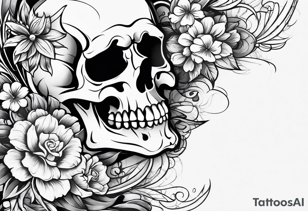 neck tattoo stencil of skull and flowers about pain and struggle in new school or polka trash style tattoo idea