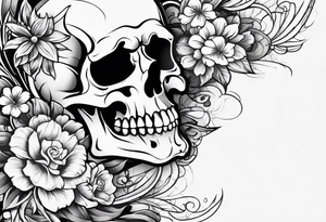 neck tattoo stencil of skull and flowers about pain and struggle in new school or polka trash style tattoo idea