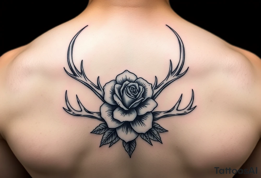 Deer antlers with flower of rose or pétunia tattoo idea