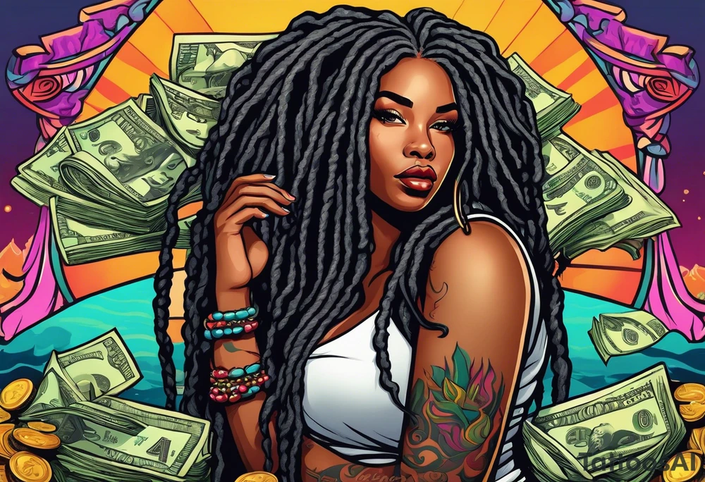 beautiful thick black women with long straight dreadlocks, new school style, holding piles of money, colorful, pastel, old school traditional, tattoo idea
