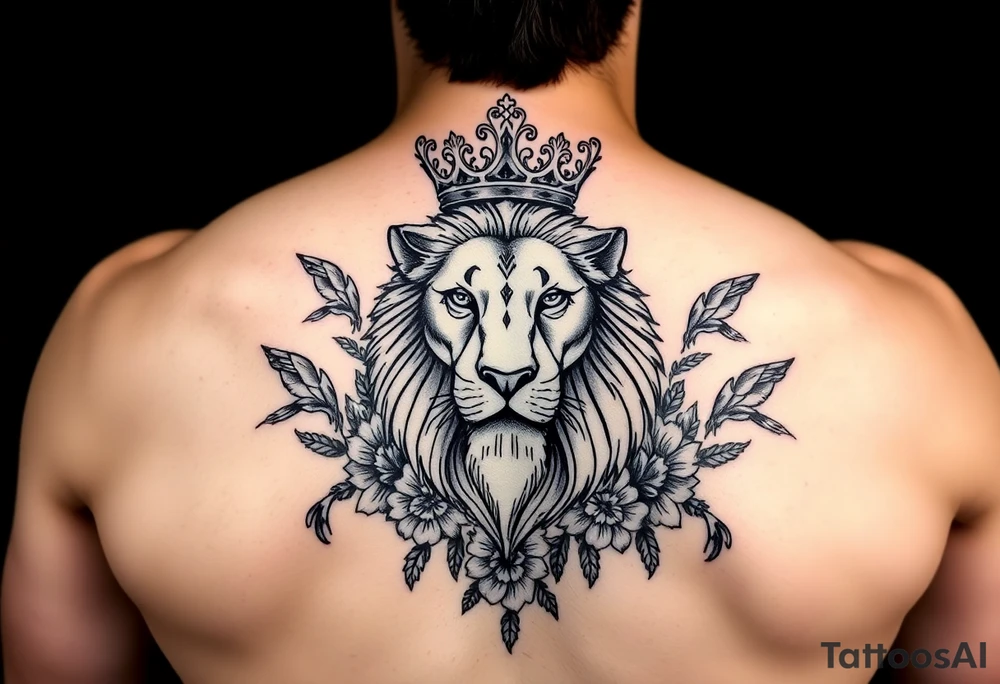 powerful majestic lion with a crown, surrounded by floral ornaments and birds tattoo idea