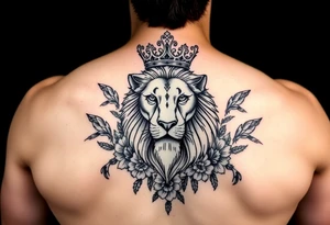 powerful majestic lion with a crown, surrounded by floral ornaments and birds tattoo idea