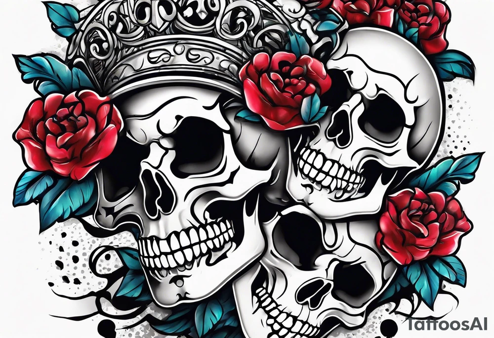 neck tattoo stencil about pain and struggle in new school or polka trash style with funny skulls tattoo idea