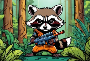 rocket raccoon in a defensive position in a forest tattoo idea