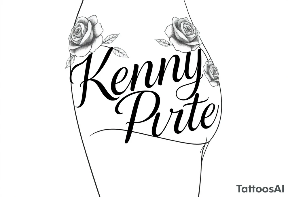 "A large-scale, high-contrast black and grey tattoo design featuring the names 'Kenny' and 'Porter' in an elegant, bold Chicano/Cholo-style script. The composition is a vertical side-piece specifically designed to contour and flow with the natural curves of the body.
Placement: The tattoo starts at the iliac crest (upper hip bone), sweeps diagonally across the lateral glute (side of the buttocks), and tapers smoothly onto the upper outer thigh.
Design Details: The lettering should feature sharp serifs, thick outlines, and intricate decorative filigree that connects the two names. Incorporate realistic roses with fine-line shading at the top and bottom of the script to anchor the design. The flow should be dynamic and 'wrap' slightly around the hip to create a slimming, feminine silhouette. Ensure the background is a clean white canvas to highlight the professional linework and custom calligraphy tattoo idea