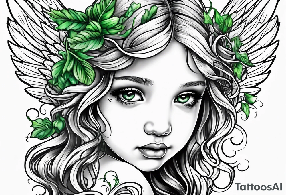 Baby angel with completely black eyes dripping with green vines everywhere tattoo idea