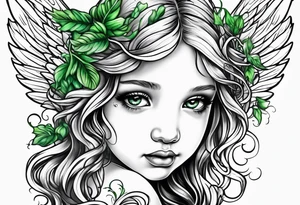 Baby angel with completely black eyes dripping with green vines everywhere tattoo idea