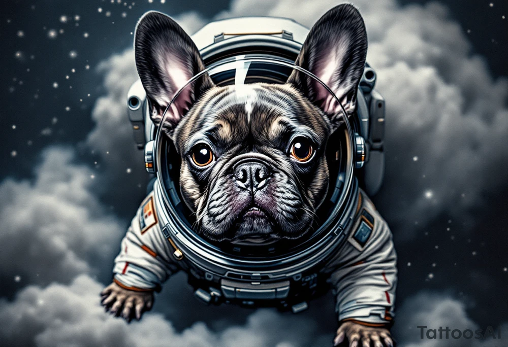 French Bulldog in astronaut gear, floating in space with navy and gray tones; the dog has brindle fur and big curious eyes. tattoo idea