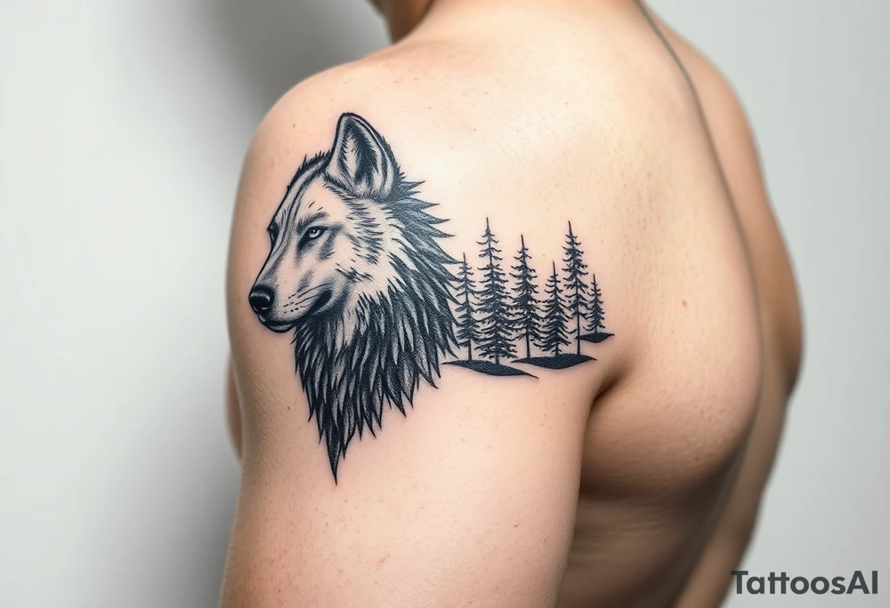 create a side arm powerful majestic tattoo having wolf and pin trees tattoo idea