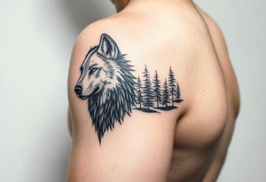 create a side arm powerful majestic tattoo having wolf and pin trees tattoo idea