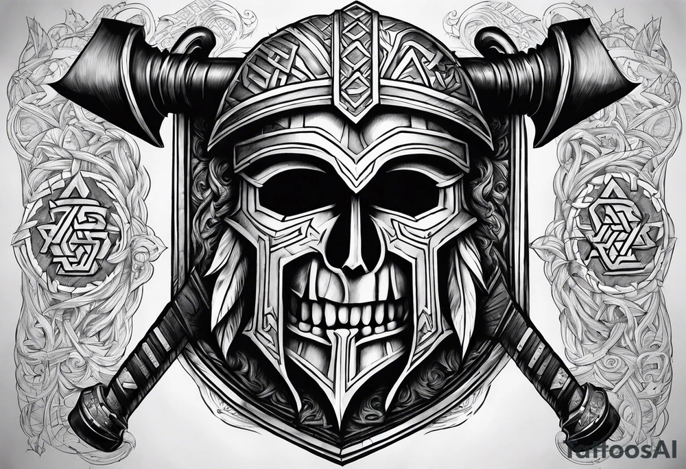 Valhalla sword shield  axe Valknut stairs tattoo idea