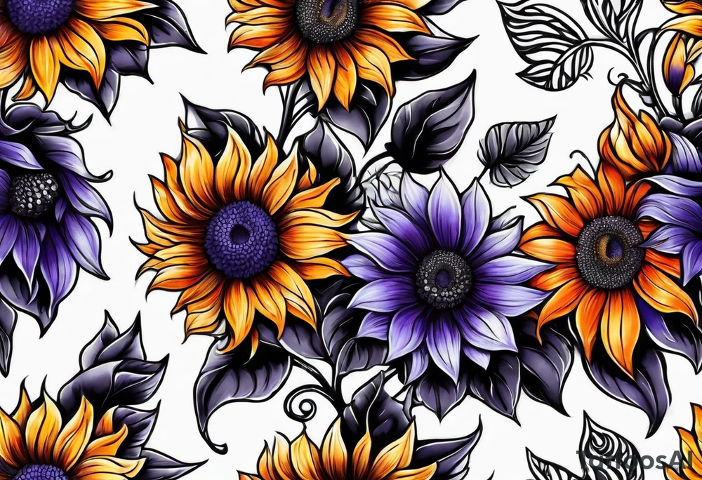 Full leg sleeve with purple, orange and blue sunflowers tattoo idea