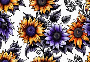 Full leg sleeve with purple, orange and blue sunflowers tattoo idea