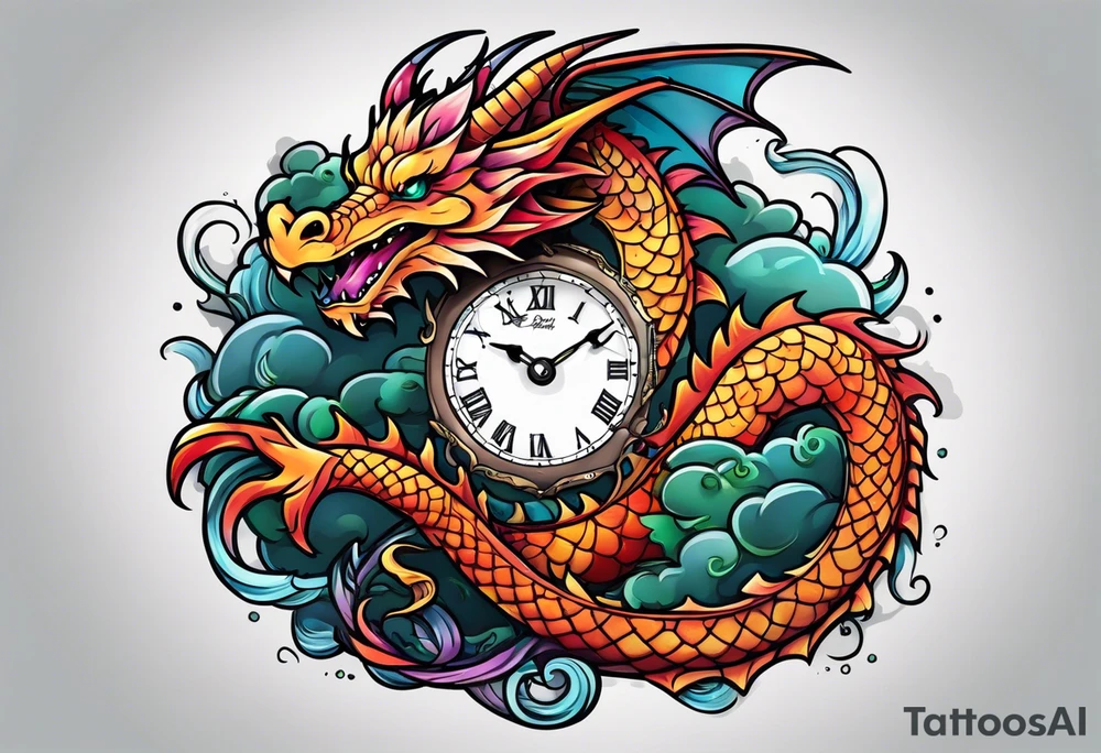Dragon kawaii , clock, cross tattoo idea