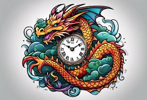 Dragon kawaii , clock, cross tattoo idea