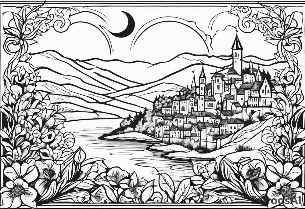 medieval tribal city 
floral  land  vignette tattoo idea