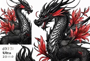 Black dragon. Red Lycoris radiata. Lightning. No background. Arm or Shoulder. tattoo idea