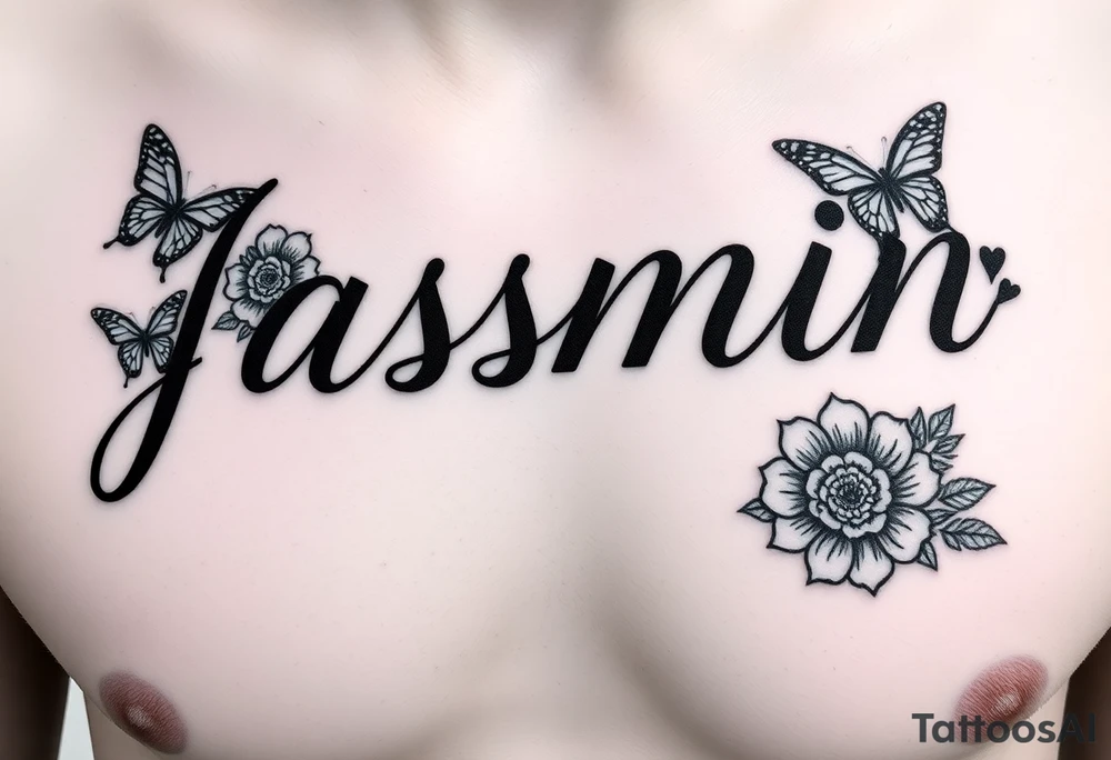 I NEED THE NAME JASMIN, THE DOT IN THE LETTER I TO BE A HEART, AND  BUTTERFLIES AND SUNFLOWERS AND SOME ROSES. I WANT THE ROSES TO UNDER THE TOP PART OF THE LETTER “J” AND FOR THE SUNFLOWERS, I WANT THOSE TO BE UNDER THE LETTER “N”, I WANT 2 ROSES AND 3 SUNFLOWERS. I want it to be on the right side of my chest, and for it to be in cursive tattoo idea