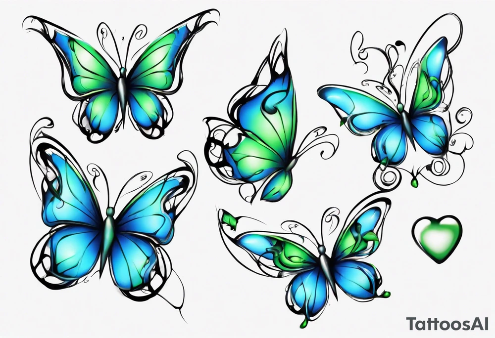 4 small blue and green butterflies, with 4 small 3D hearts, light in color, with some sort of vine intertwining them. tattoo idea