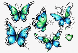 4 small blue and green butterflies, with 4 small 3D hearts, light in color, with some sort of vine intertwining them. tattoo idea