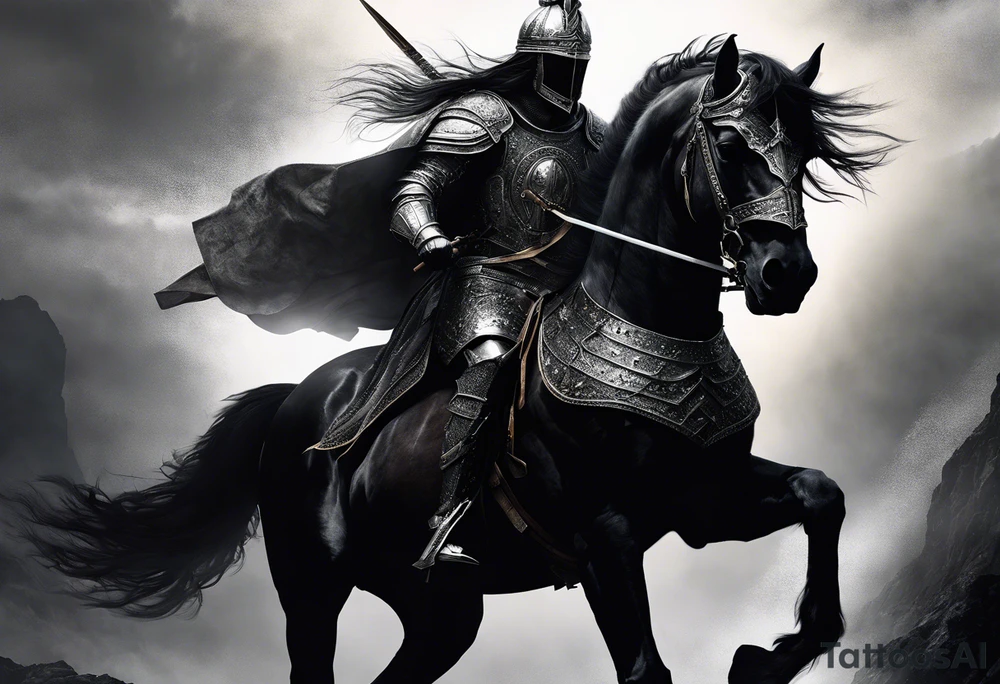 Dark art of the first horseman of the apocalypse. Wearing iron armor with a crown-shaped helmet, carrying a bow and arrows in one hand, he rides a white horse that is strong and slender, wearing shiny ornaments on his face. It is not possible to see the horseman's face, which is obscured by the darkness and fog in the image. It is important that the horseman is facing the image. tattoo idea