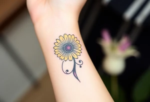 Yellow daisy flower with Purple Hearts tattoo idea