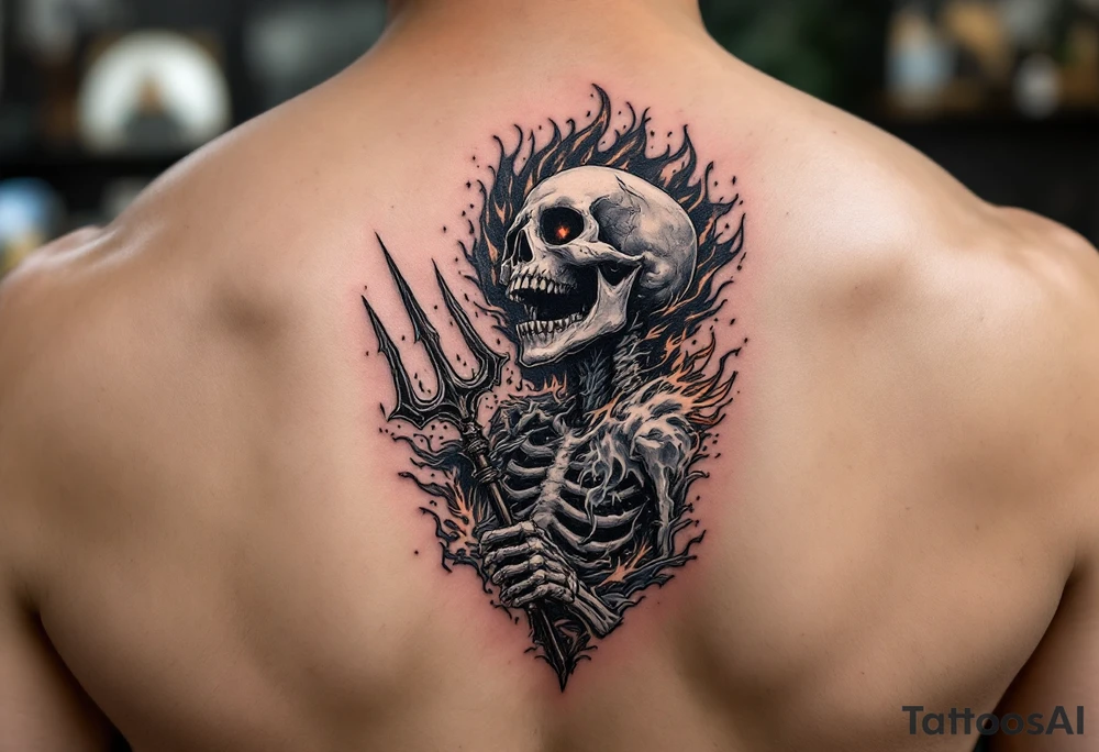 laughing skeleton with a trident, surrounded by fire and water tattoo idea
