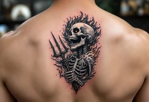 laughing skeleton with a trident, surrounded by fire and water tattoo idea