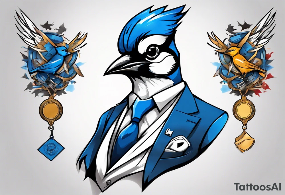 bluejay in a suit with a medal on around neck tattoo idea