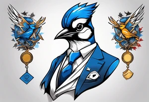 bluejay in a suit with a medal on around neck tattoo idea