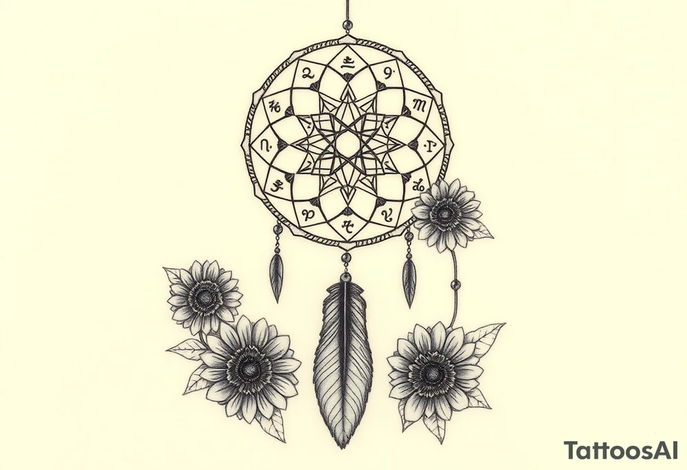 Dreamcatcher with zodiac symbols and protection runes caught in it with tigerlillies roses and sunflowers tattoo idea