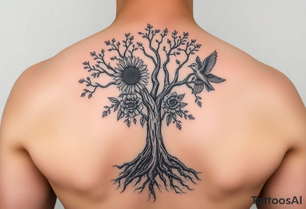 Tree with roots, sunflower, rose, and bird tattoo idea